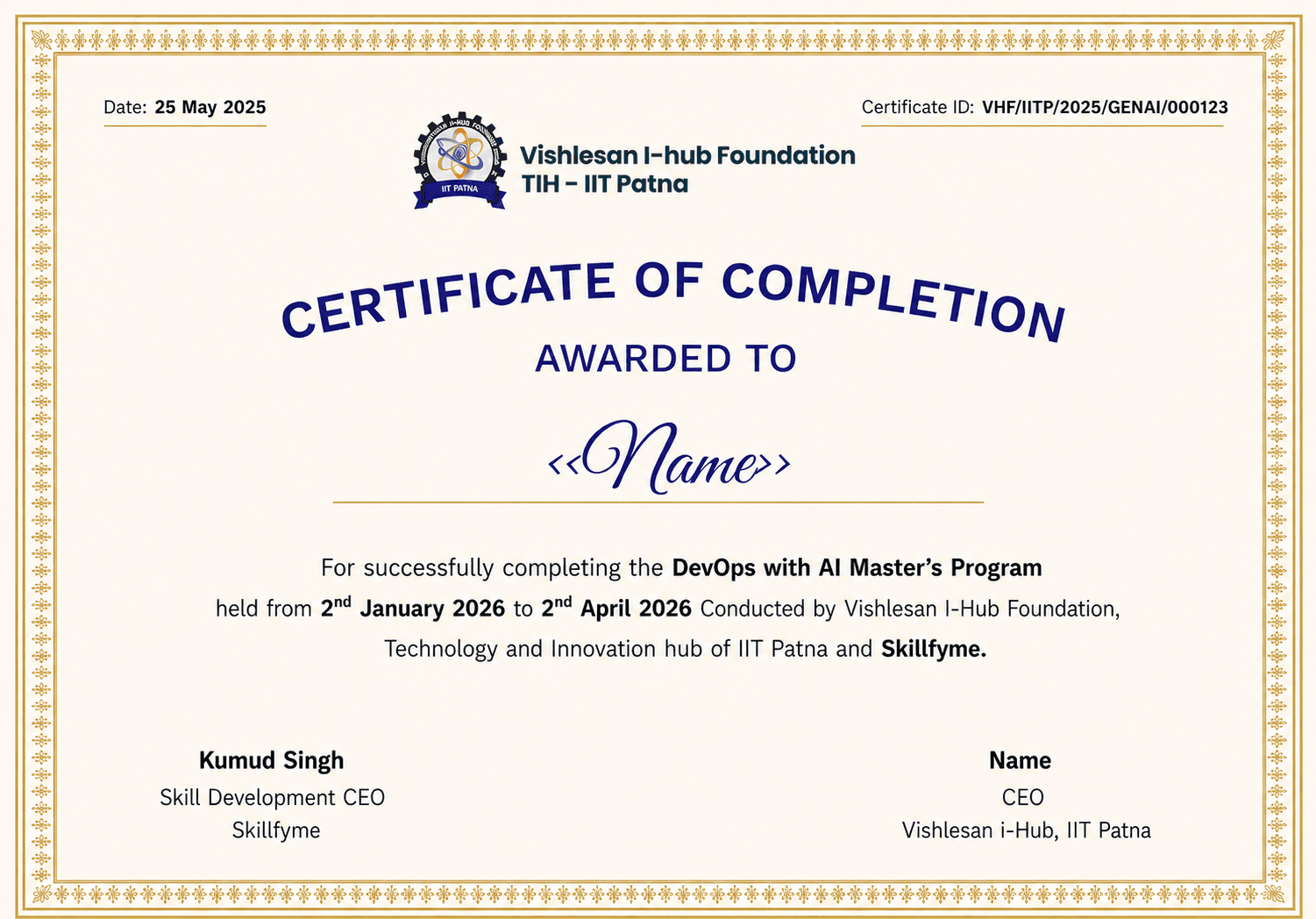 DevOps with AI Masters Program certificate, jointly issued by Skillfyme and Vishlesan i-Hub, IIT Patna, awarded to learners from Chennai