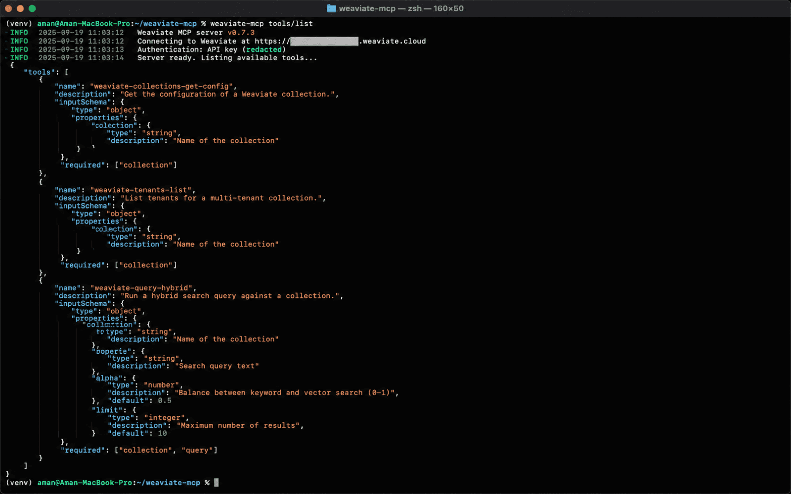 An illustration of a terminal showing the structure of an MCP tools/list response from a Weaviate MCP server. The response is a JSON object with a tools array, each entry carrying a name, a description and an inputSchema. Three entries are shown: weaviate-collections-get-config, described as getting the configuration of a Weaviate collection and requiring a collection name; weaviate-tenants-list, described as listing tenants for a multi-tenant collection and requiring a collection name; and weaviate-query-hybrid, described as running a hybrid search query against a collection, taking collection, query, alpha with a default of 0.5 and limit with a default of 10, and requiring collection and query. The connection host is redacted and the API key is shown as redacted.