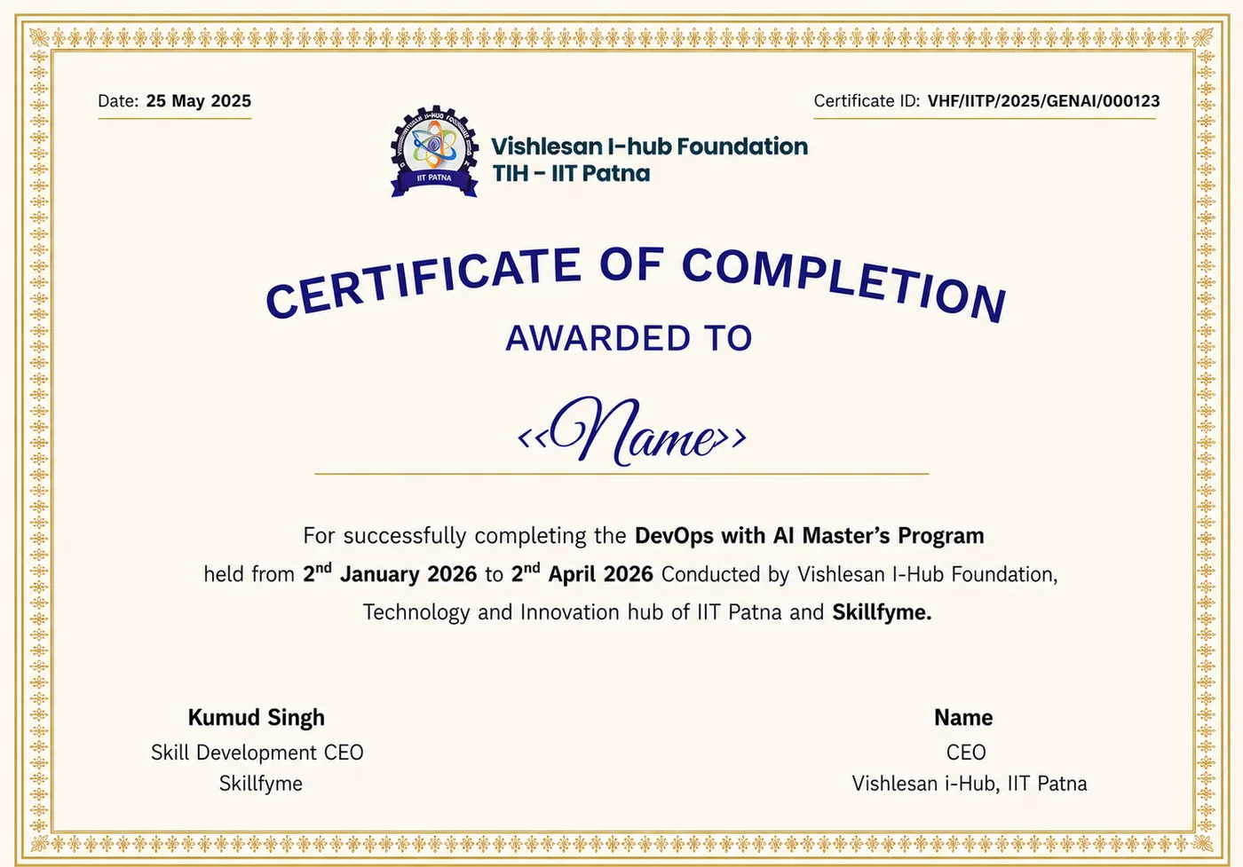 Sample DevOps certificate issued jointly by Skillfyme and Vishlesan i-Hub, IIT Patna